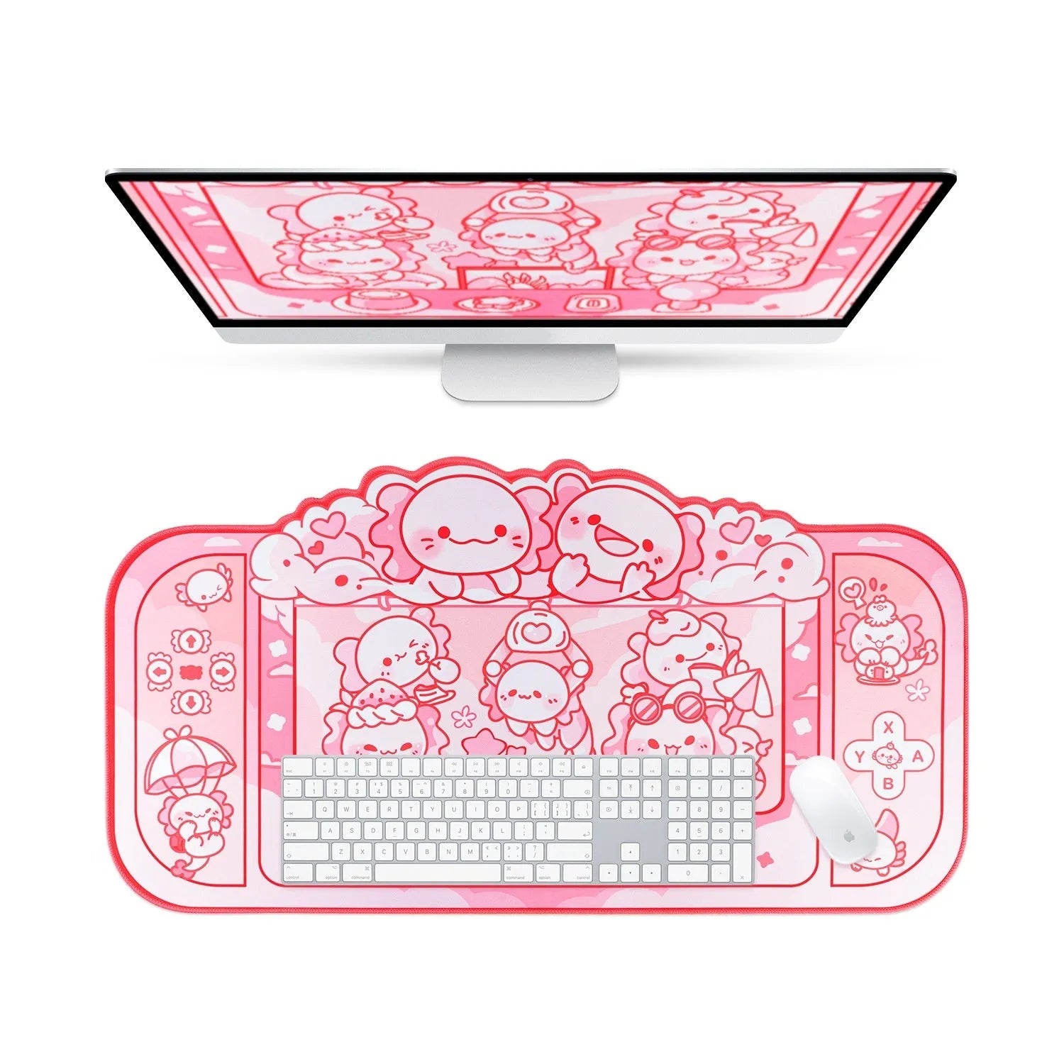 Hexagonal Dragon Crane Machine cartoon anime design on a large 75x40cm cloth mouse pad with wrist rest.
