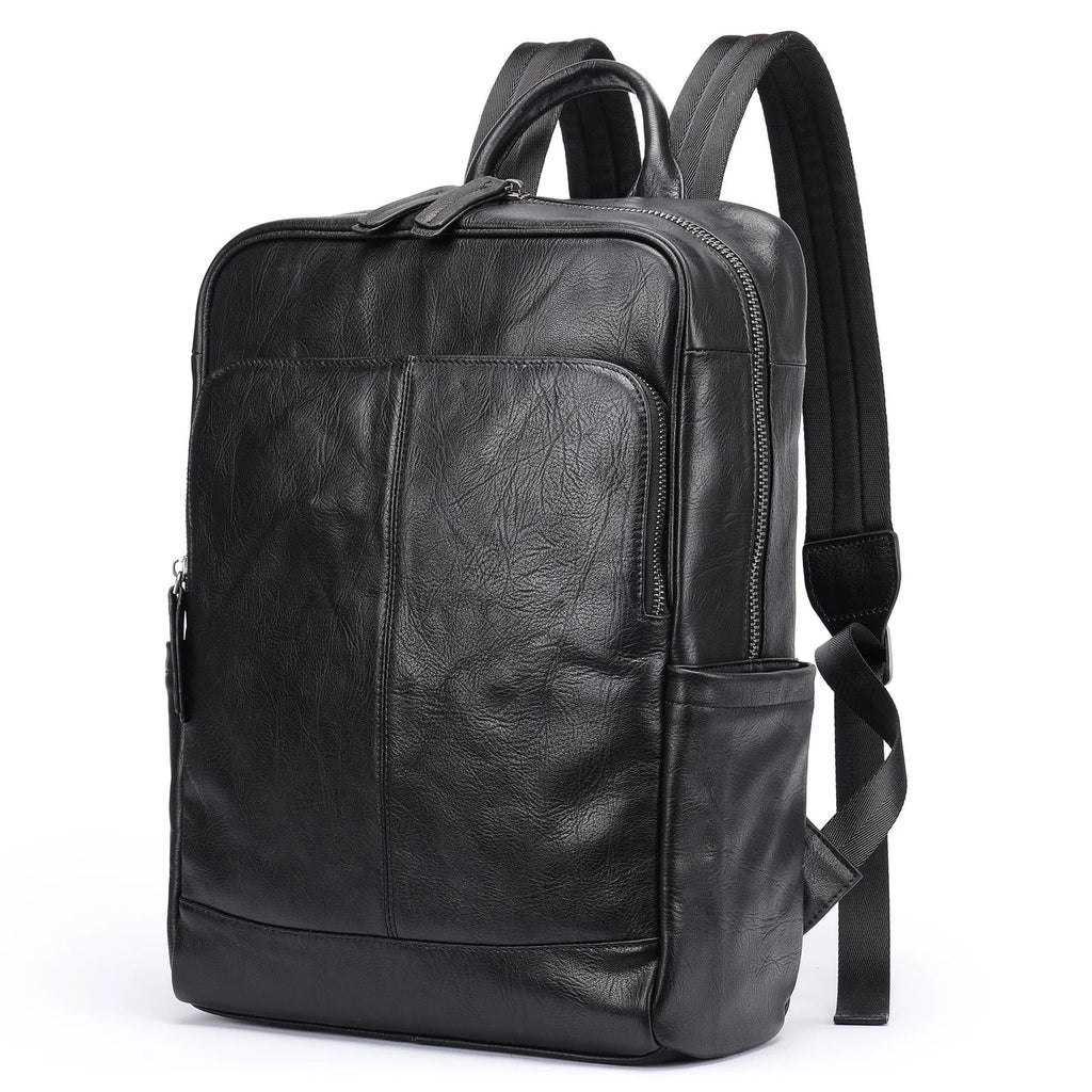 Genuine leather retro backpack in brown with visible sewing thread, waterproof and wear-resistant for daily use