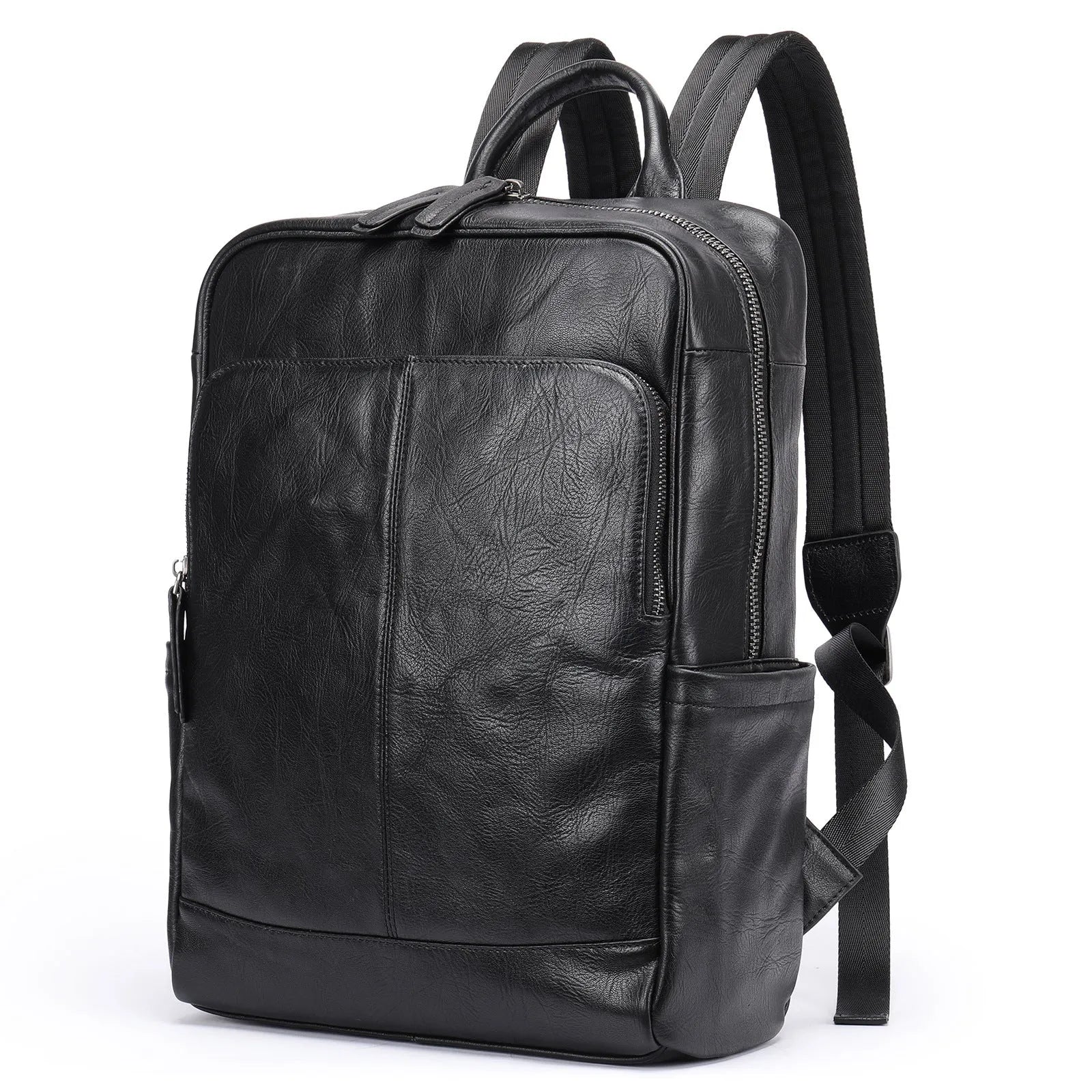 Genuine leather retro backpack in brown with visible sewing thread, waterproof and wear-resistant for daily use