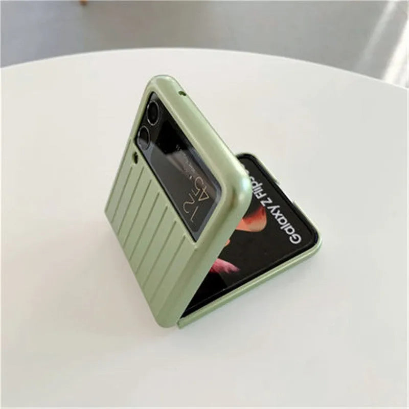 Samsung Z Flip3 flip type mobile phone case in seven colour options showing front and back views