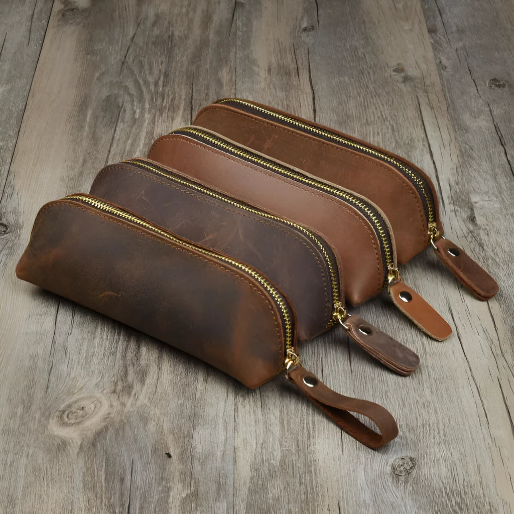 Genuine cowhide leather pencil case with zipper, 18cm long, in black solid colour