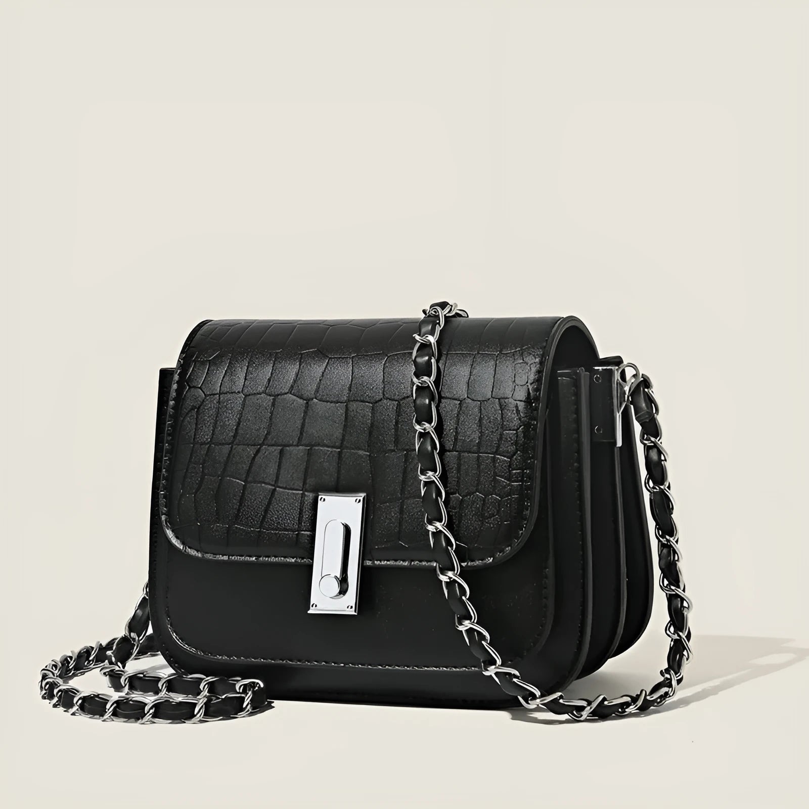 Women's soft PU leather chain shoulder bag with mobile phone pocket in horizontal square design