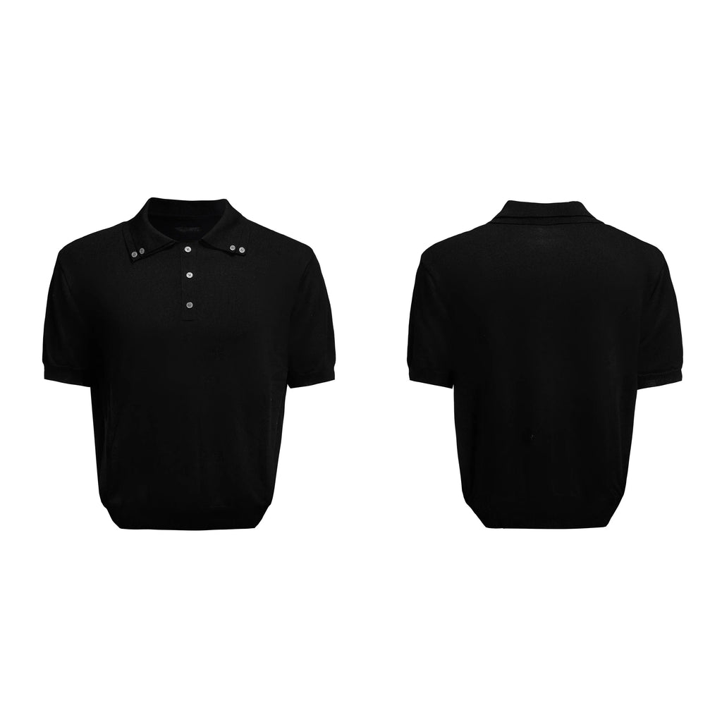 Men's black slim fit short sleeve knit shirt with a double lapel collar design