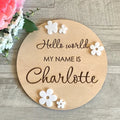 Square wooden baby name plaque with birth details, 15cm by 15cm, in three style options.