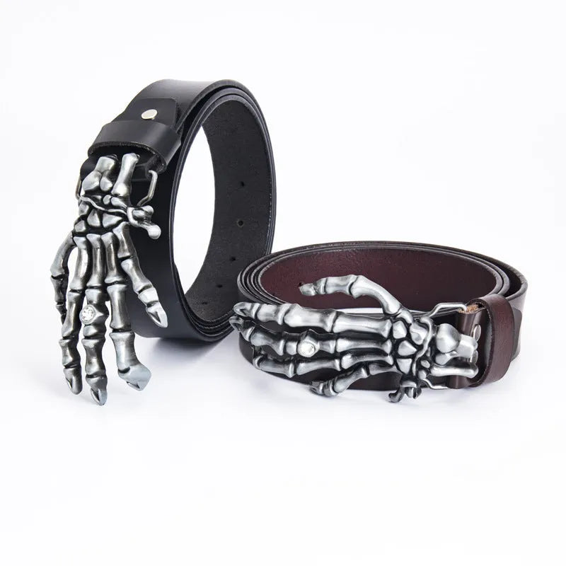 Men's genuine leather belt with skull claw alloy buckle, black, available in sizes 90cm to 130cm