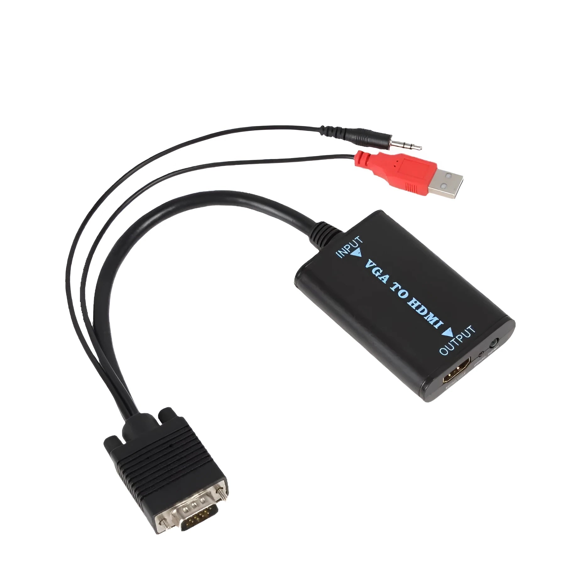 Black VGA to HDMI female converter with USB cable for audio support and power