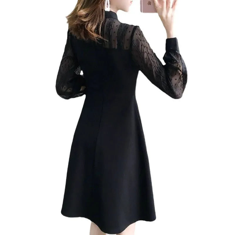Black polyester lace long sleeve underdress with regular sleeve type shown on white background