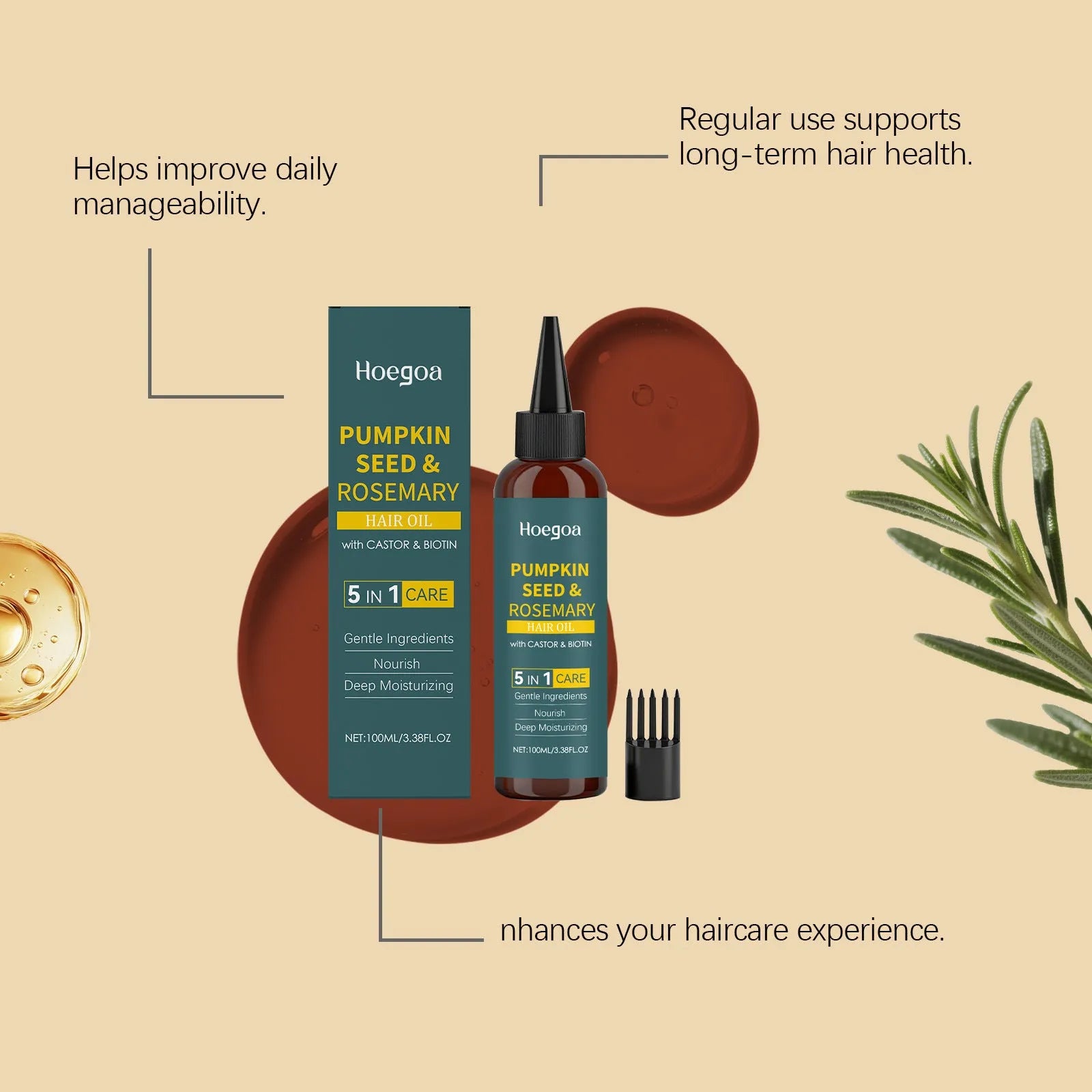 Rosemary hair care essential oil 100ml bottle with pointed applicator and detangling comb