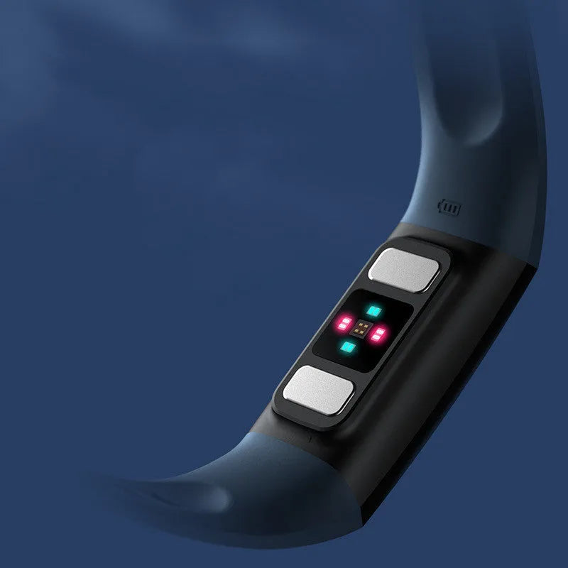 Black smart health bracelet with ECG and blood pressure monitoring on wrist