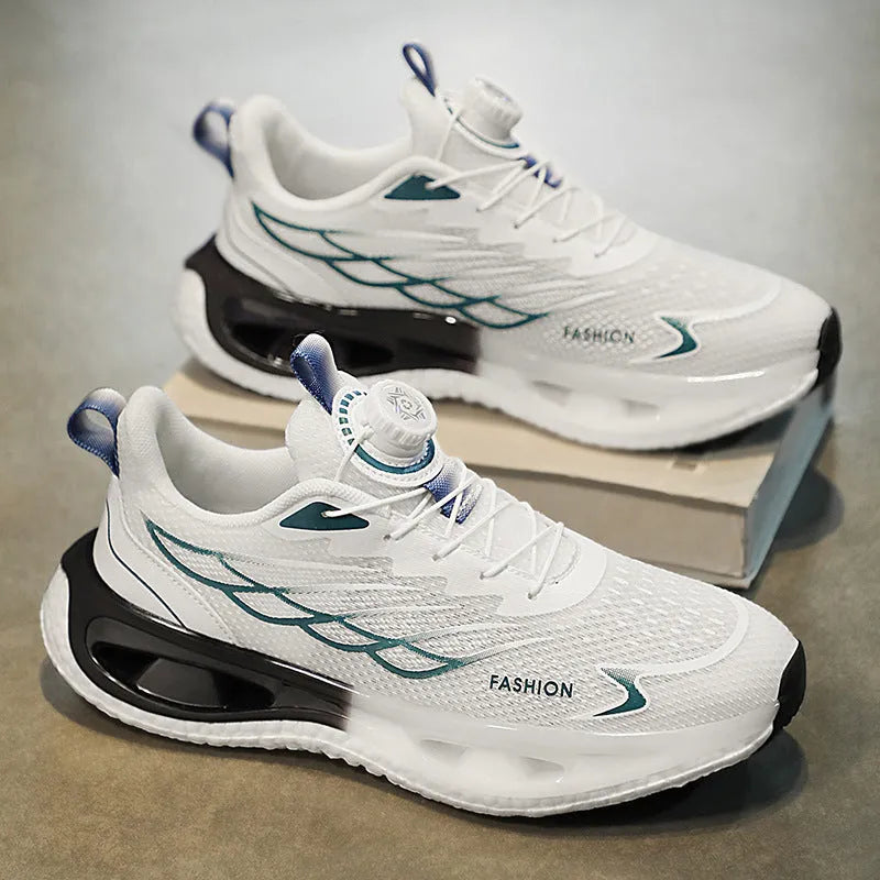 Low-top shock absorption rotating button sneaker in light blue mesh with a rubber sole.