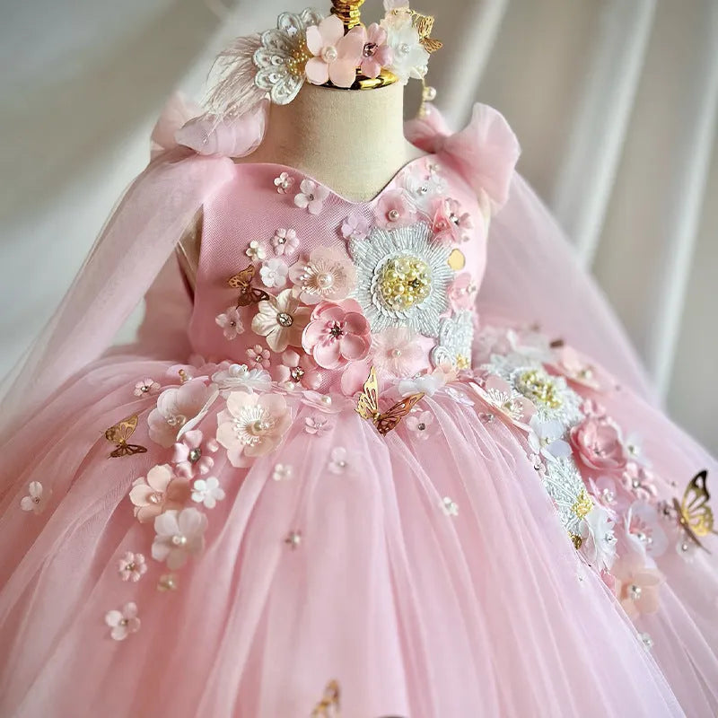 Children's mesh sleeveless vest host dress in pink with animal and flower pattern, princess style, cotton lining