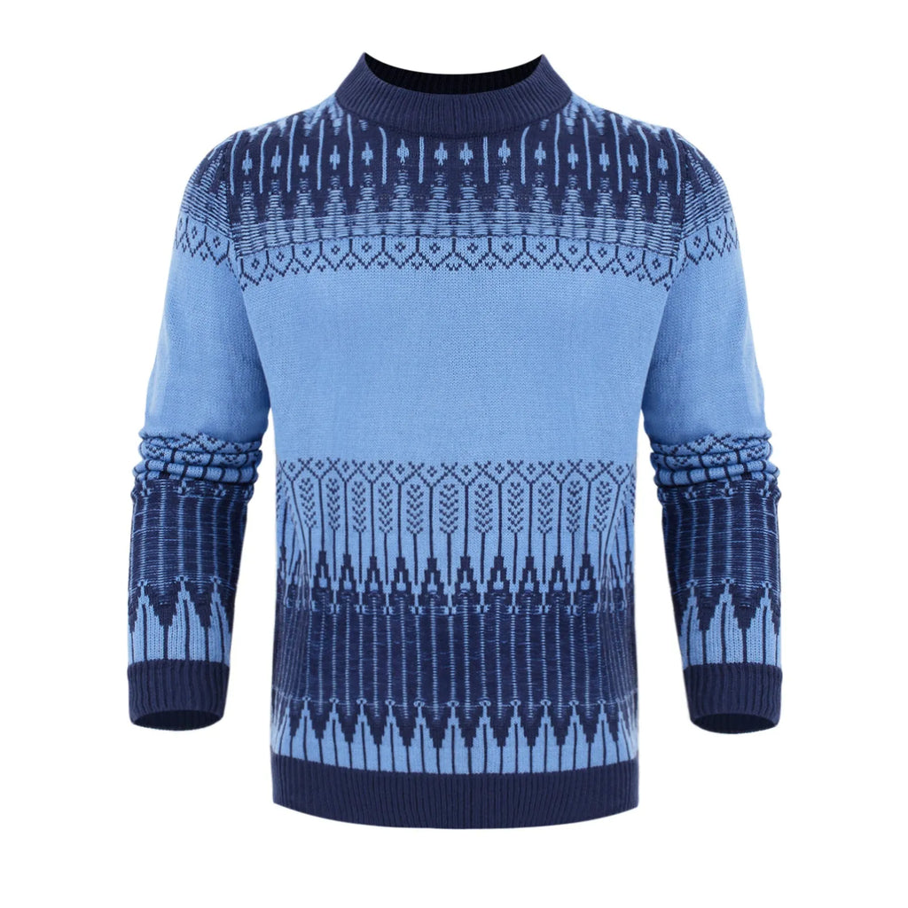 Man wearing a grey knitted crew neck pullover sweater with long sleeves.