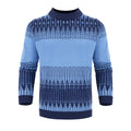 Man wearing a grey knitted crew neck pullover sweater with long sleeves.