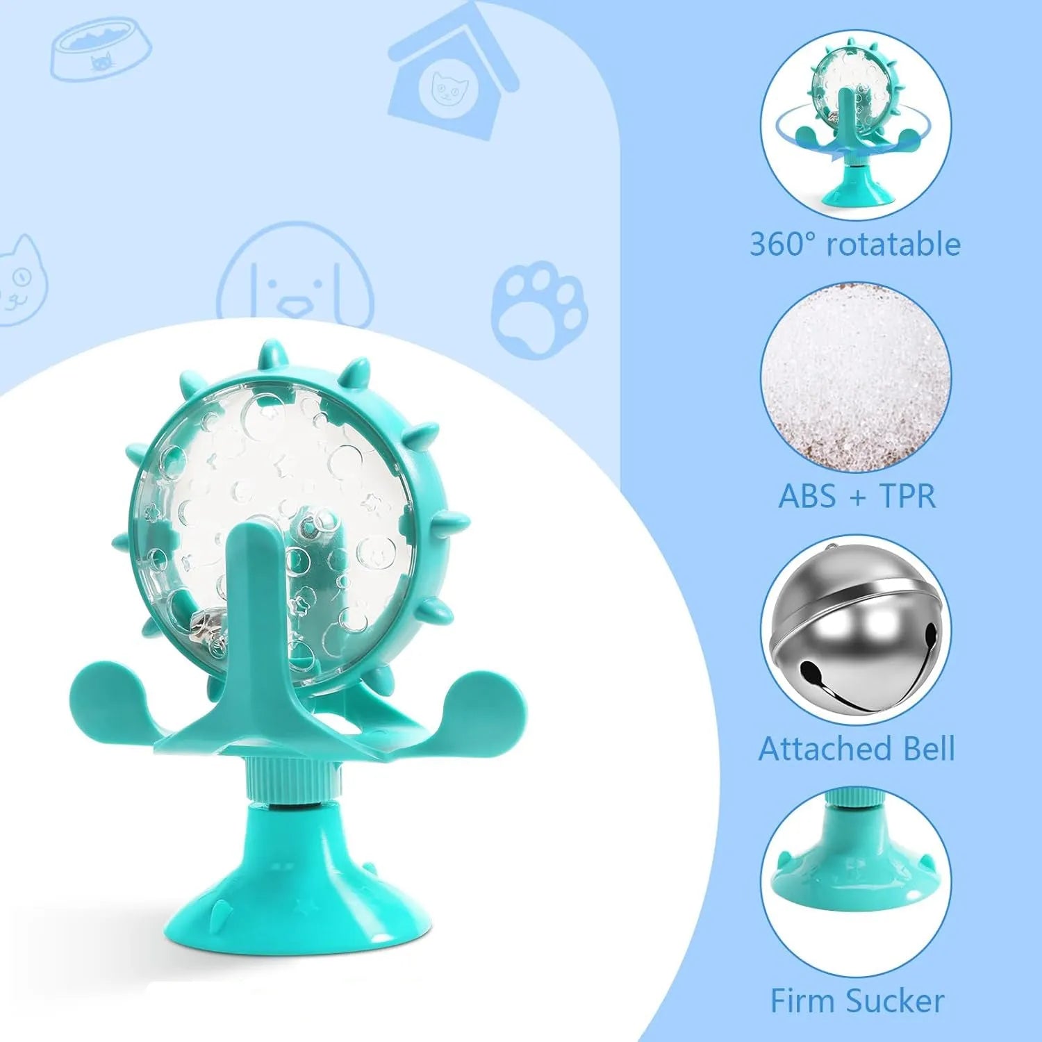 Interactive pet spinner toy with strong sucker base in blue, green, red, or yellow colours for cats and small dogs