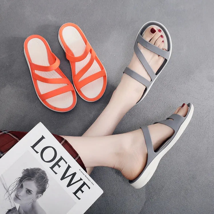 Women's casual summer sandals in red, purple, blue, black, gray, or pink with PP upper material