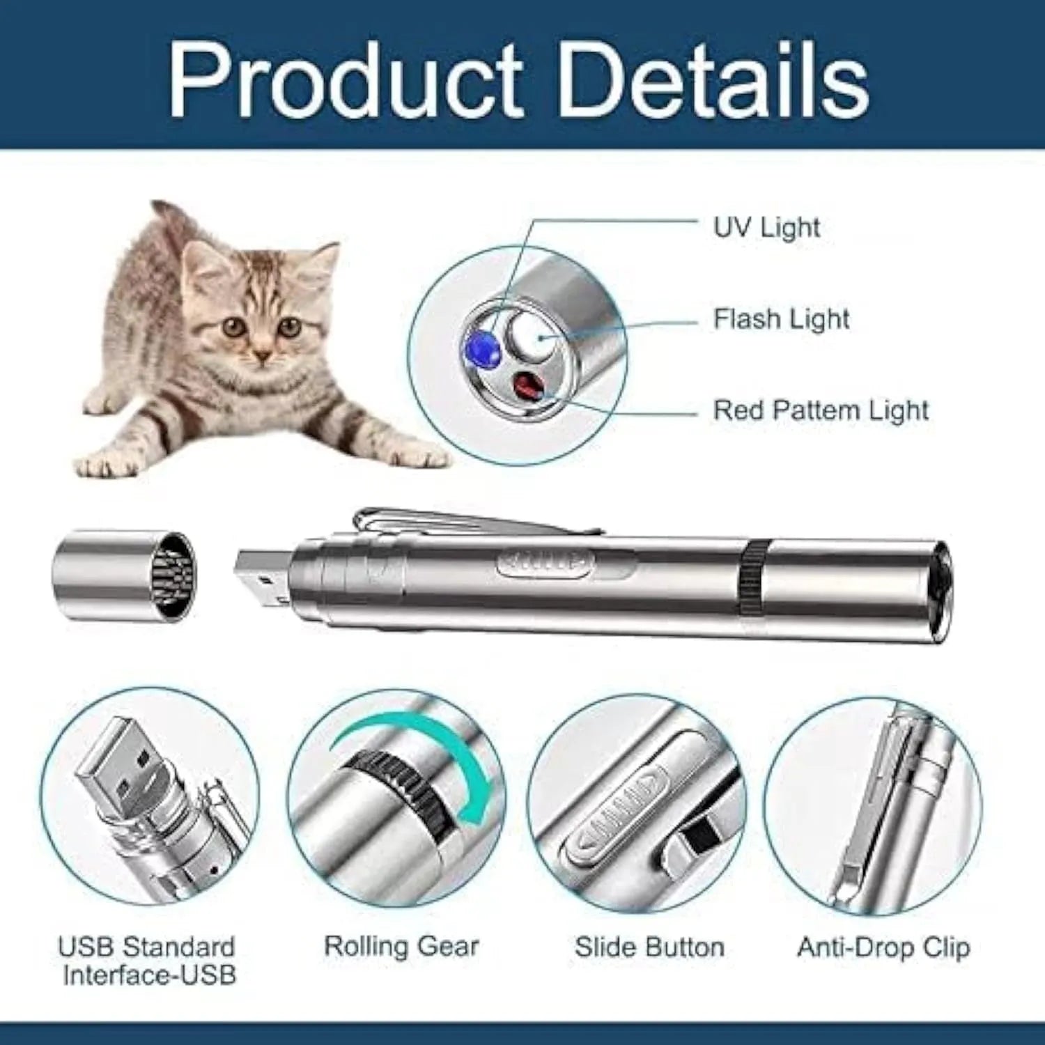Silver aluminum cat laser toy pointer with gear controls and metal clip