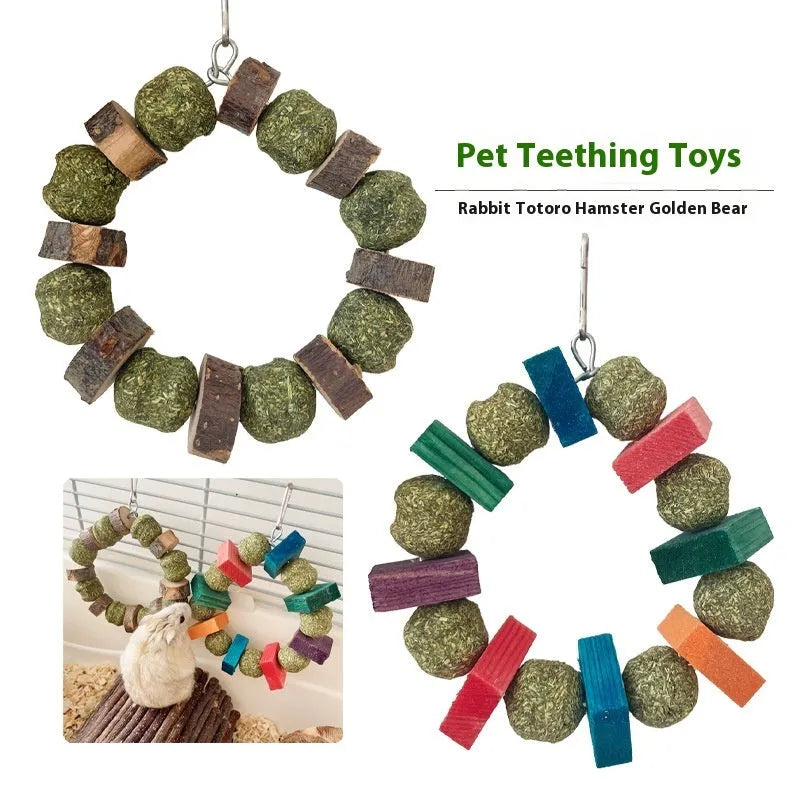 Hamster chew toy with Applewood molar rod and decorative straw ball ring for small pets