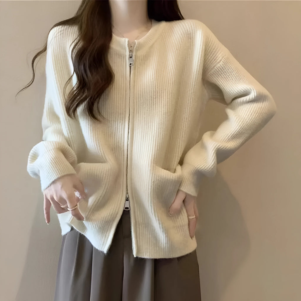 Women's beige soft wind glutinous sweater coat cardigan with long sleeves