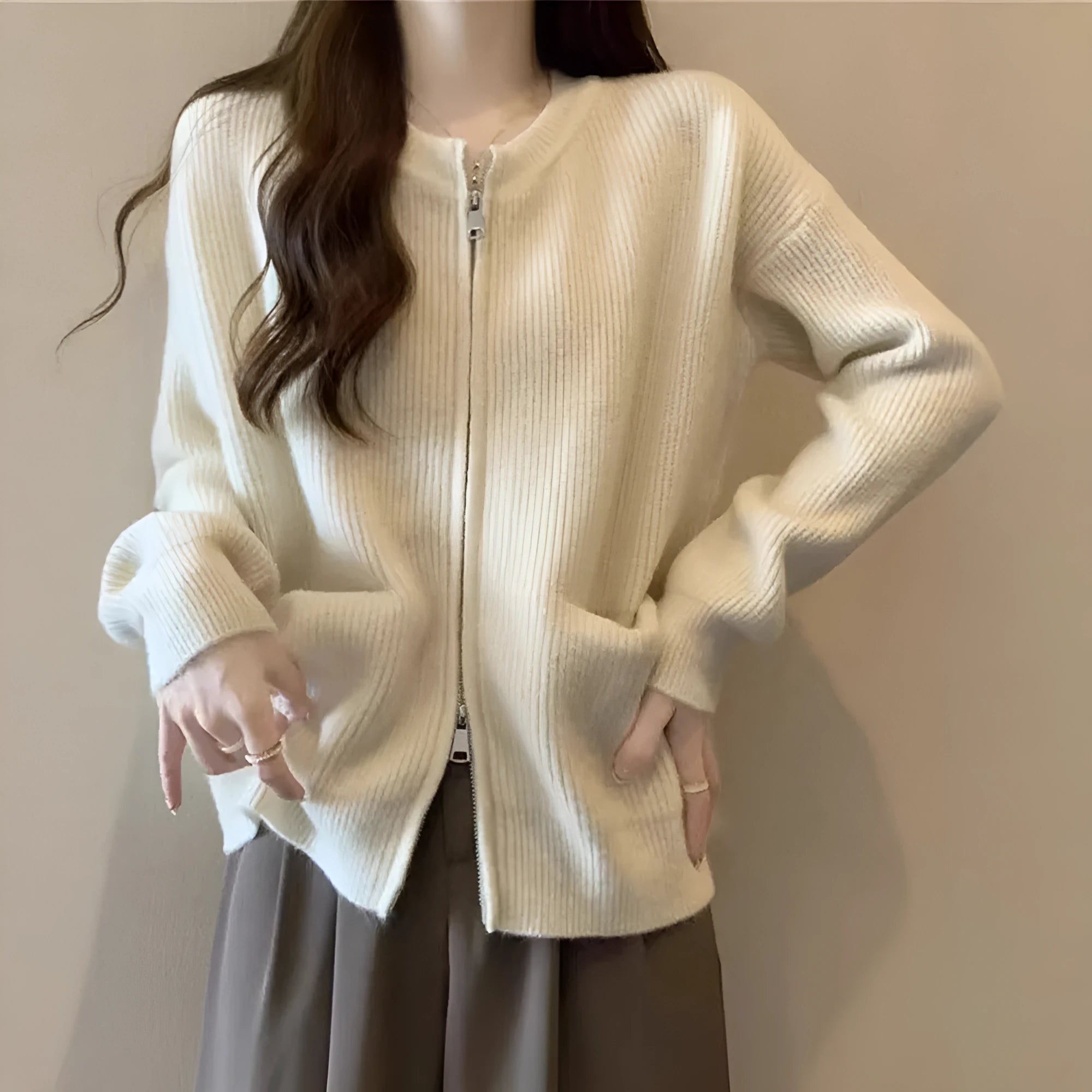 Women's beige soft wind glutinous sweater coat cardigan with long sleeves
