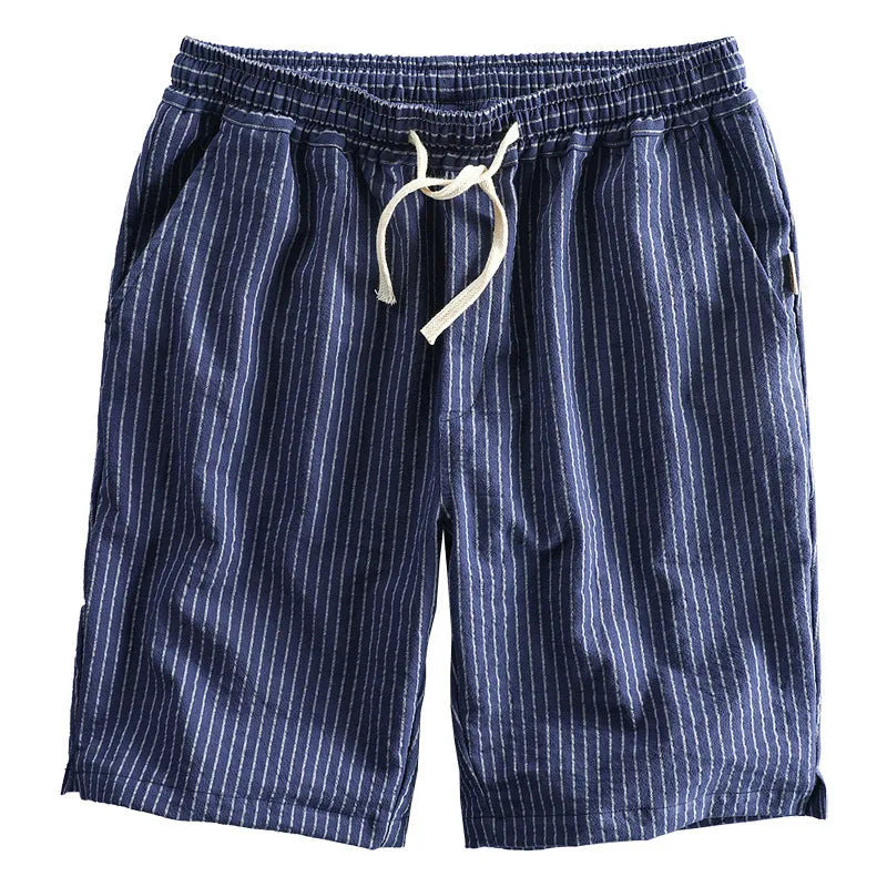 Men's striped casual cotton shorts with micro elasticity in loose straight leg design