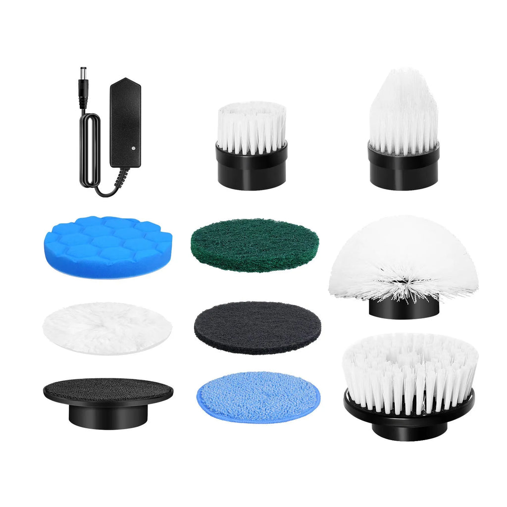 White handheld shower cleaning brush with multiple standard nozzle attachments and USB charging cable