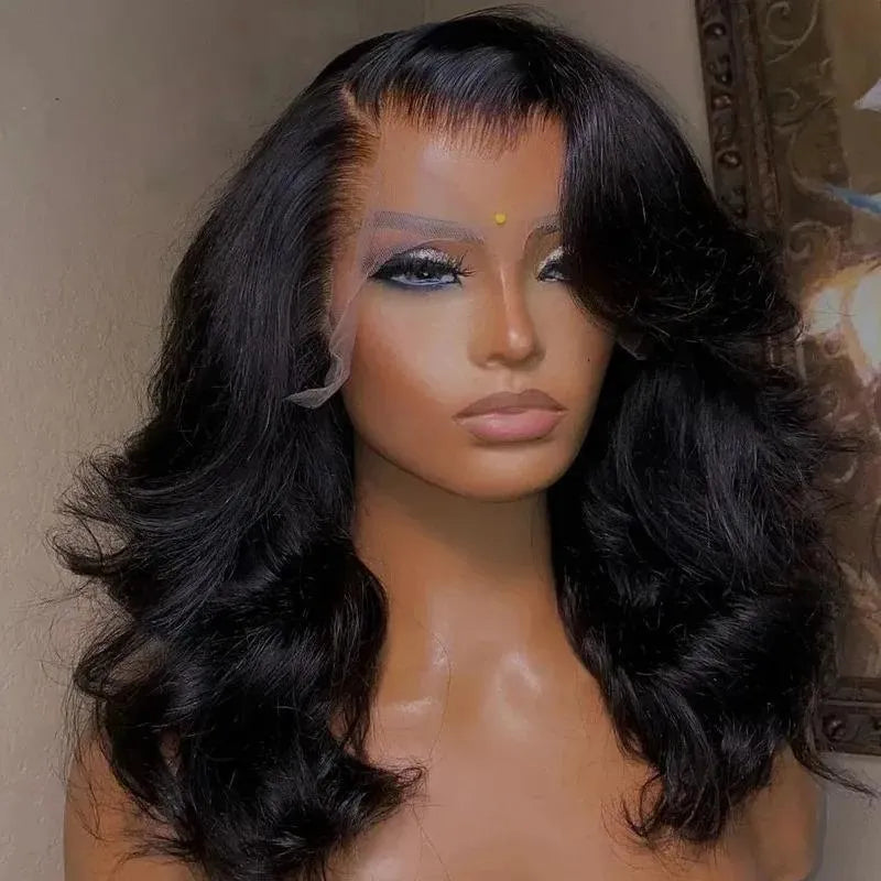 Women's 13x4 lace front human hair wig black wavy curly 16 inches with natural hairline