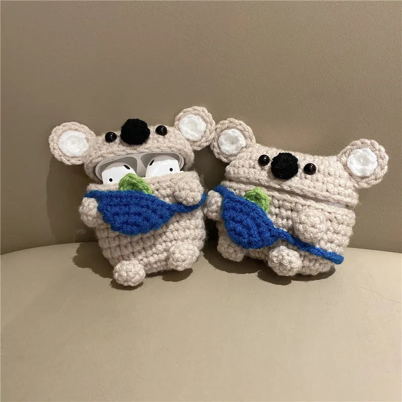Hand-knitted koala bear backpack design cover for Apple AirPods and AirPods Pro charging case.