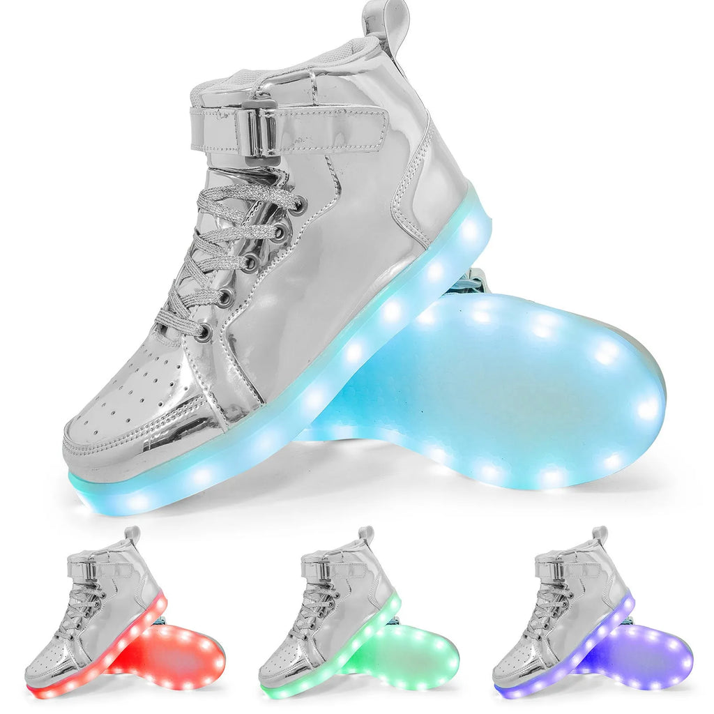 LED light-up high-top sneakers in black with velcro strap and glowing soles.