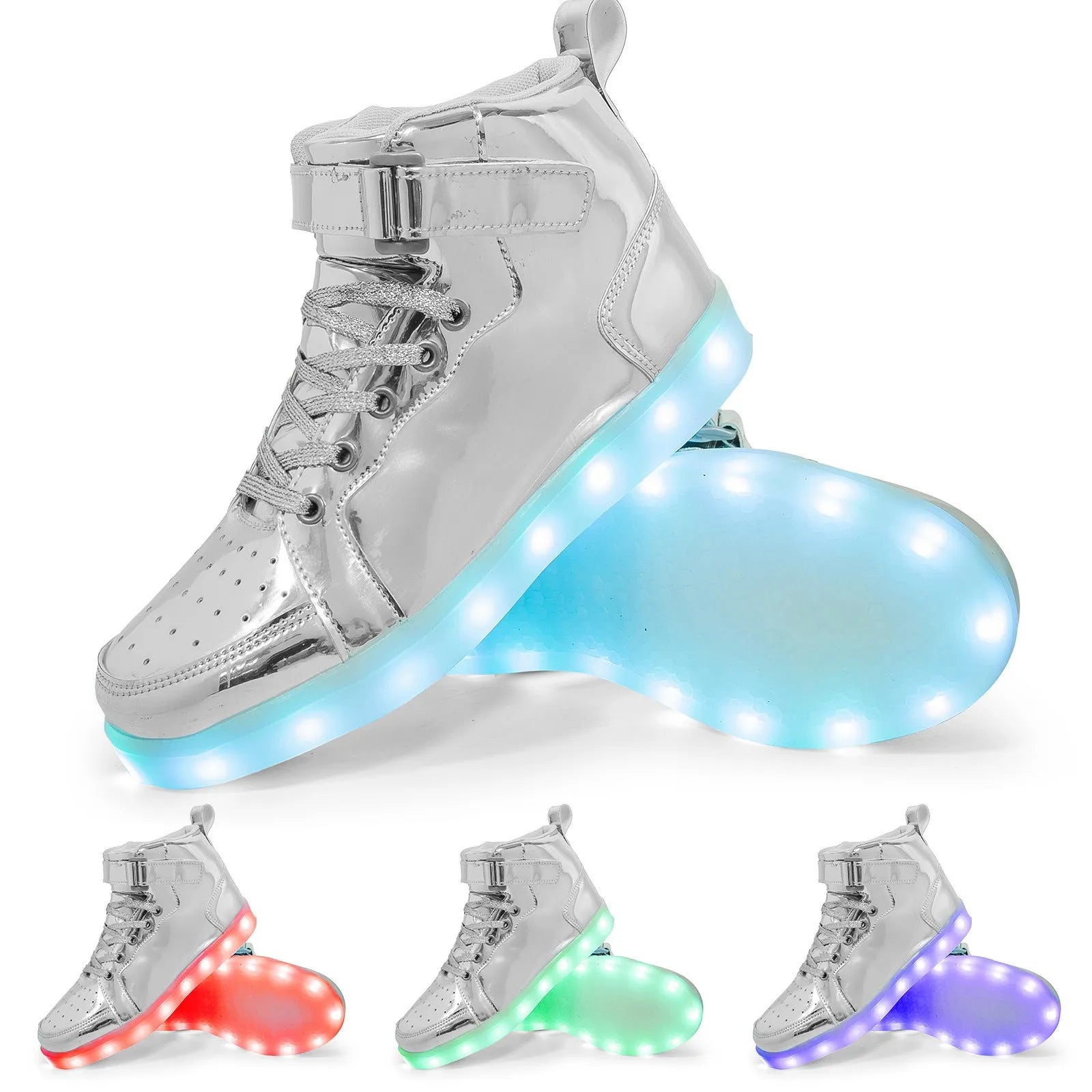 LED light-up high-top sneakers in black with velcro strap and glowing soles.