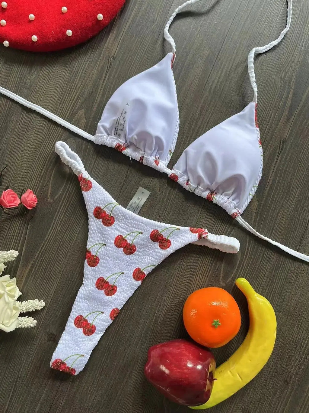 Women's printed bikini swimsuit with cotton lining on mannequin showing briefs style