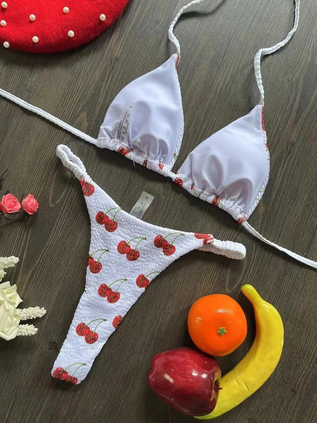 Women's printed bikini swimsuit with cotton lining on mannequin showing briefs style