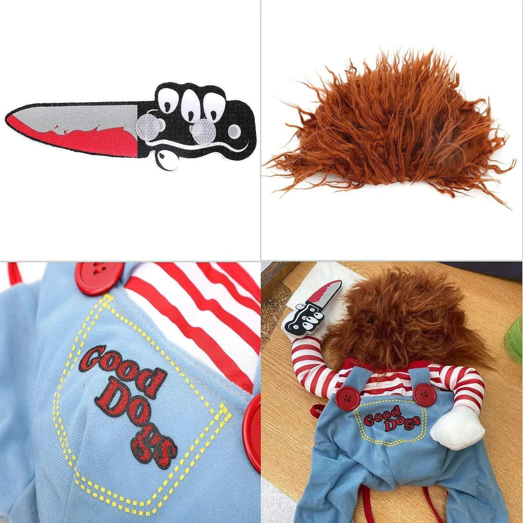 Striped prisoner Halloween costume for pets with harness back trousers and soft toy knife accessory