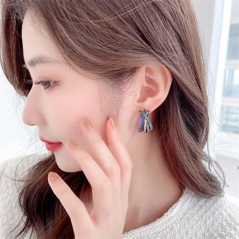 Geometric line cross C-circle earrings with inlaid zircon in three colours white gun black turquoise blue copper