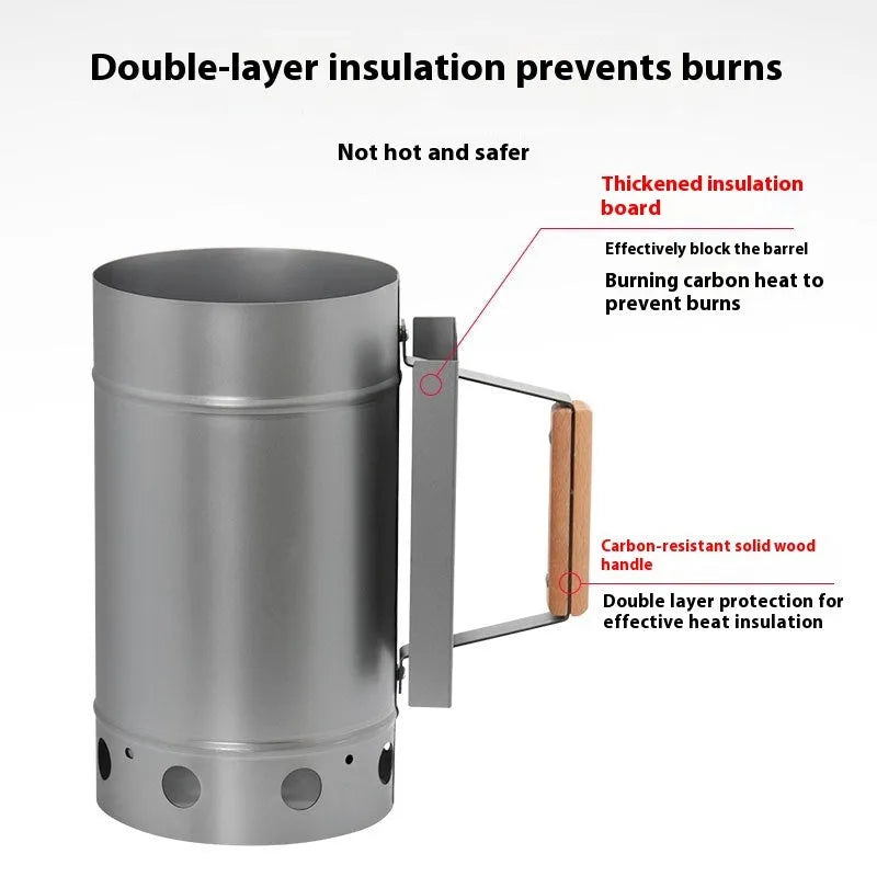 Zinc-iron alloy outdoor charcoal fire starter igniter in point carbon barrel style.