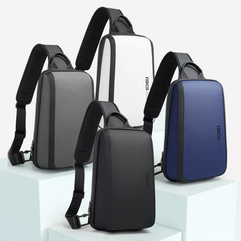 Blue Oxford cloth men's chest bag with double shoulder straps, shown front view