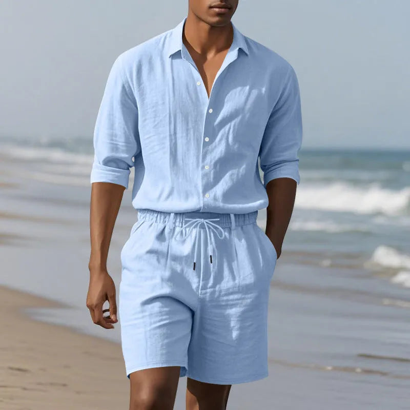 Men's linen beach suit set showing long sleeve shirt and matching shorts in available colours