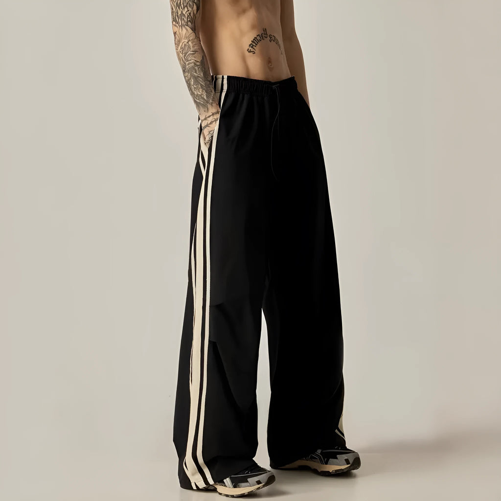 Black men's wide leg climbing trousers with high waist and straight leg design