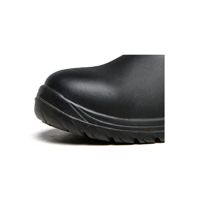 Black leather safety work boots with high-top design and anti-piercing soles for industrial protection