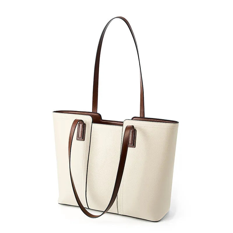 Women's black genuine leather large capacity shoulder bag with organised internal compartments