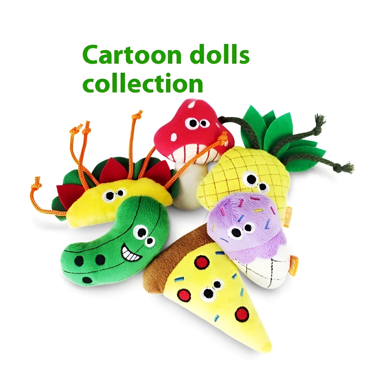 Catnip-filled plush cat toy in food shapes including burrito, cone, cucumber, mushroom, pineapple and pizza styles