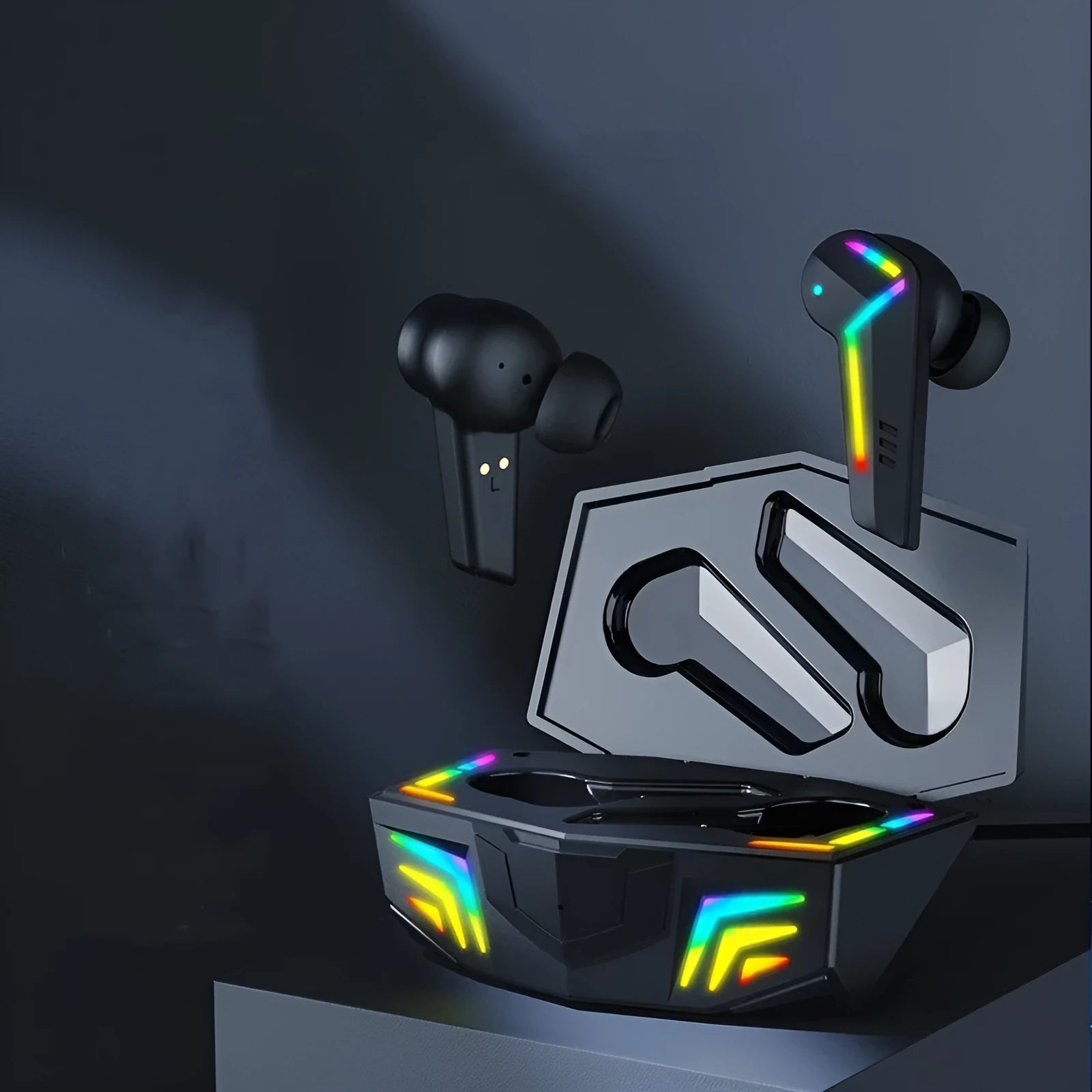 Black TWS Bluetooth sports headset with earplug design for low latency gaming and calls