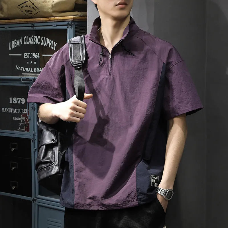 Brown men's half-zipped stand collar business shirt with short sleeves and fleece-lined construction