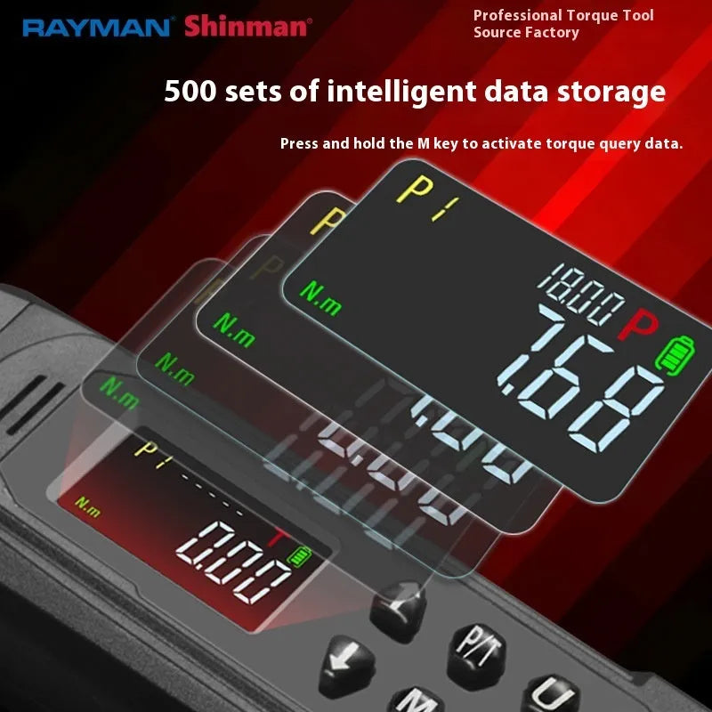 Electronic digital torque wrench with LCD display showing torque reading.