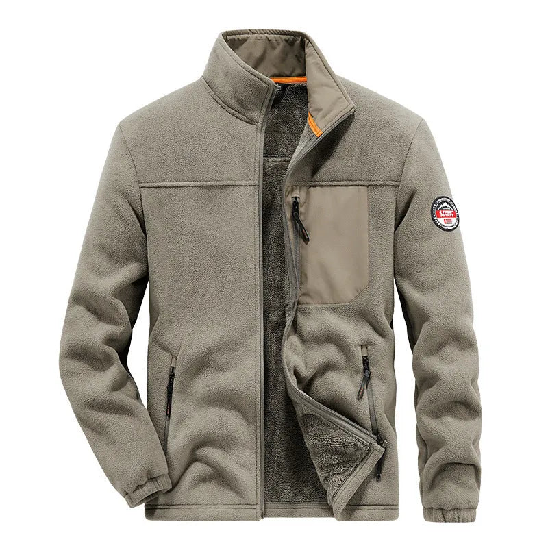 Man wearing a solid-colour grey thickening spandex fleece cardigan jacket with zipper pockets.
