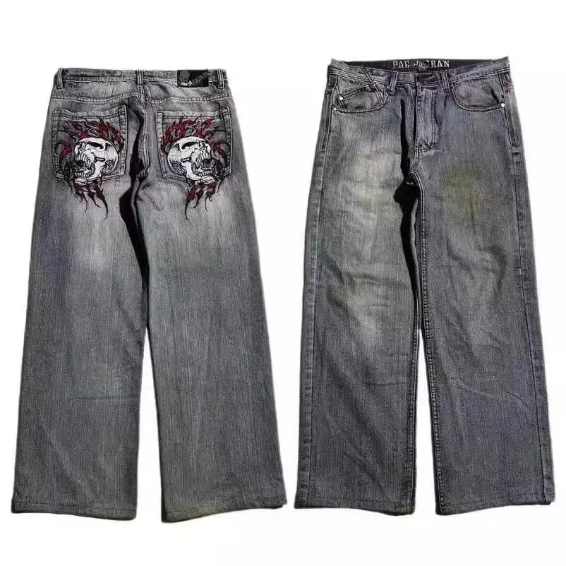 Men's gray American retro washed-out wide-leg denim jeans with mid waist and straight leg cut
