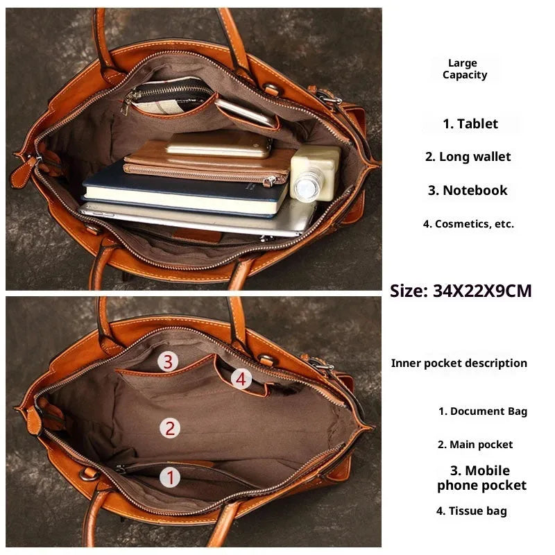 Genuine leather women's casual zip crossbody bag in brown with patchwork detail and multiple pockets