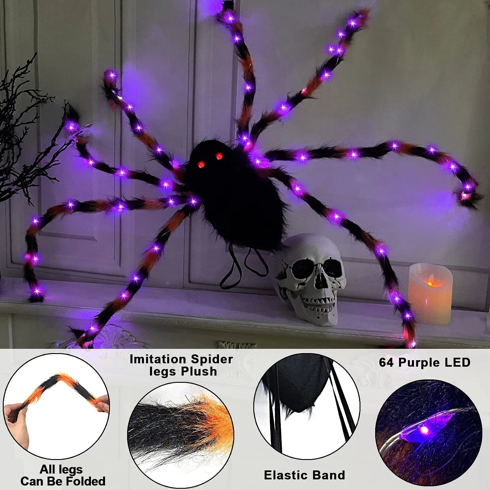 Halloween spider backpack with LED lights and plush sugar bag design in multiple colour variations