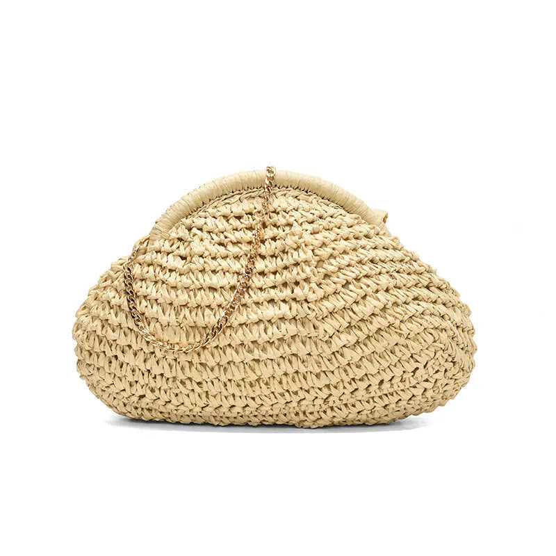 Women's woven straw shoulder bag with shell shape in khaki colour featuring chain detail