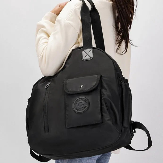 Outdoor backpack for women with sandwich pockets showing black, khaki and green colour options