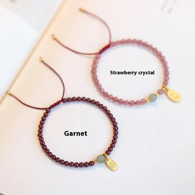Women's strawberry quartz and garnet bracelet on red rope cord handmade jewellery